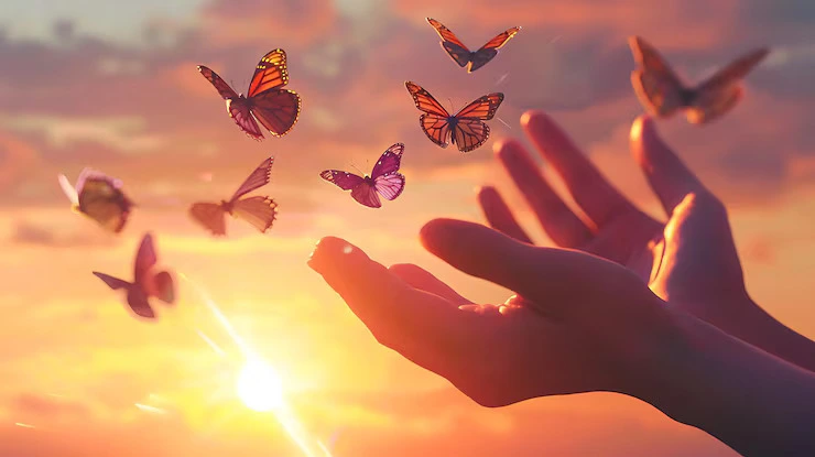 Open hands releasing butterflies into a glowing sunset sky
